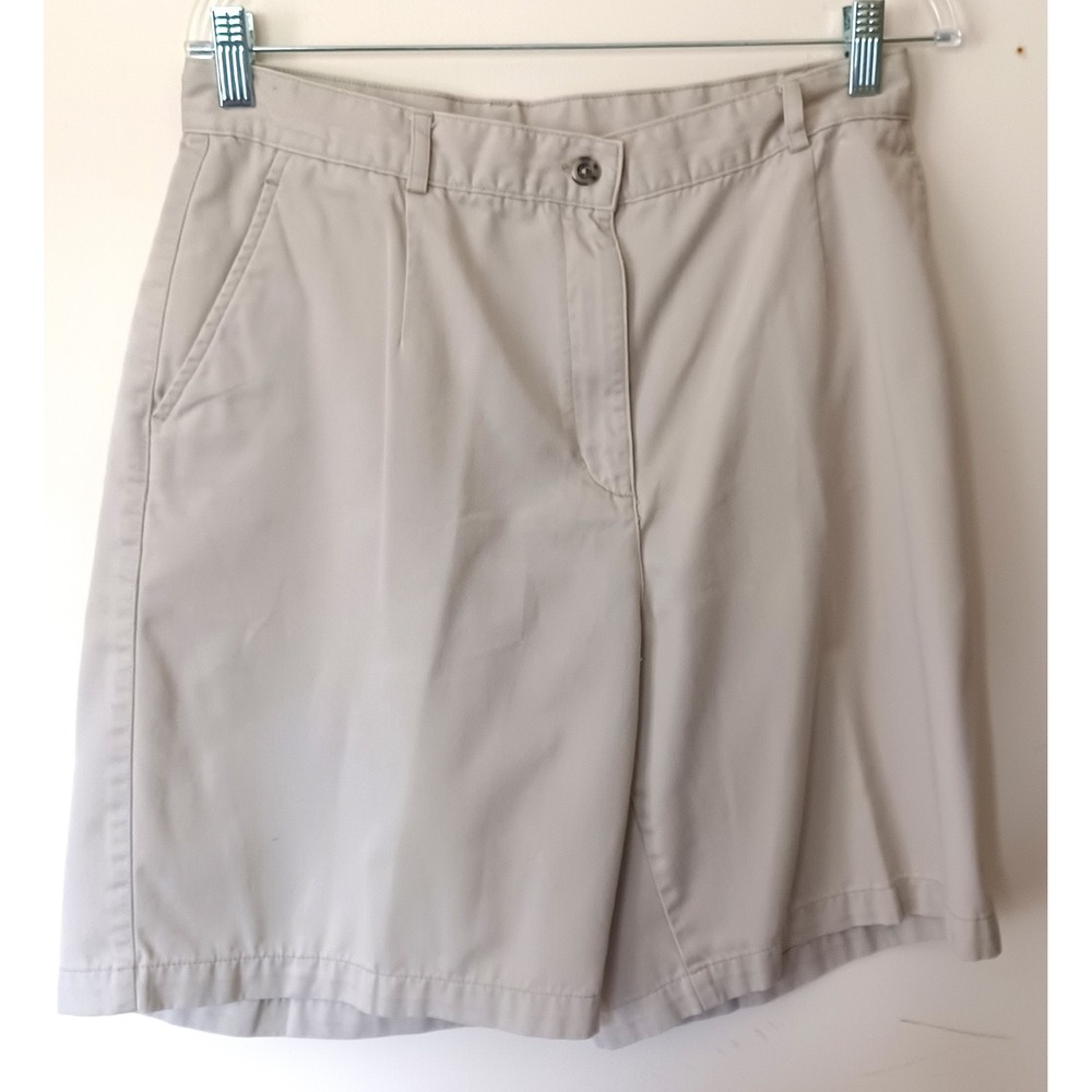 LL Bean Chino Bermuda Shorts Women 14 Tan Pleated Front Golf Classic Granola